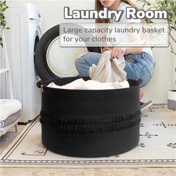 Extra Large Black Laundry Basket, Rope Storage Basket for Bathroom, Bedroom - Picture 13 of 16